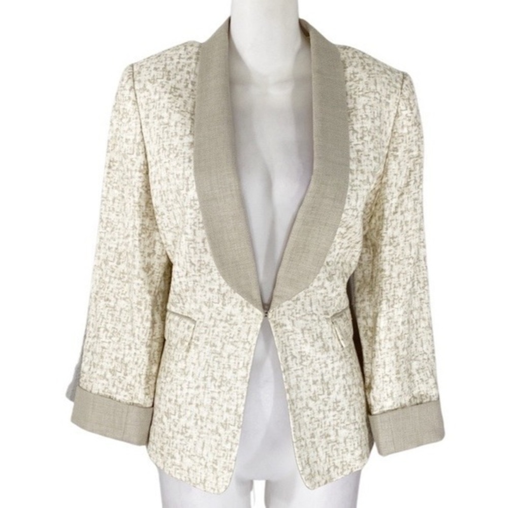 Tahari beige cream knit contrast trim hook closure blazer jacket 8P 8 petite